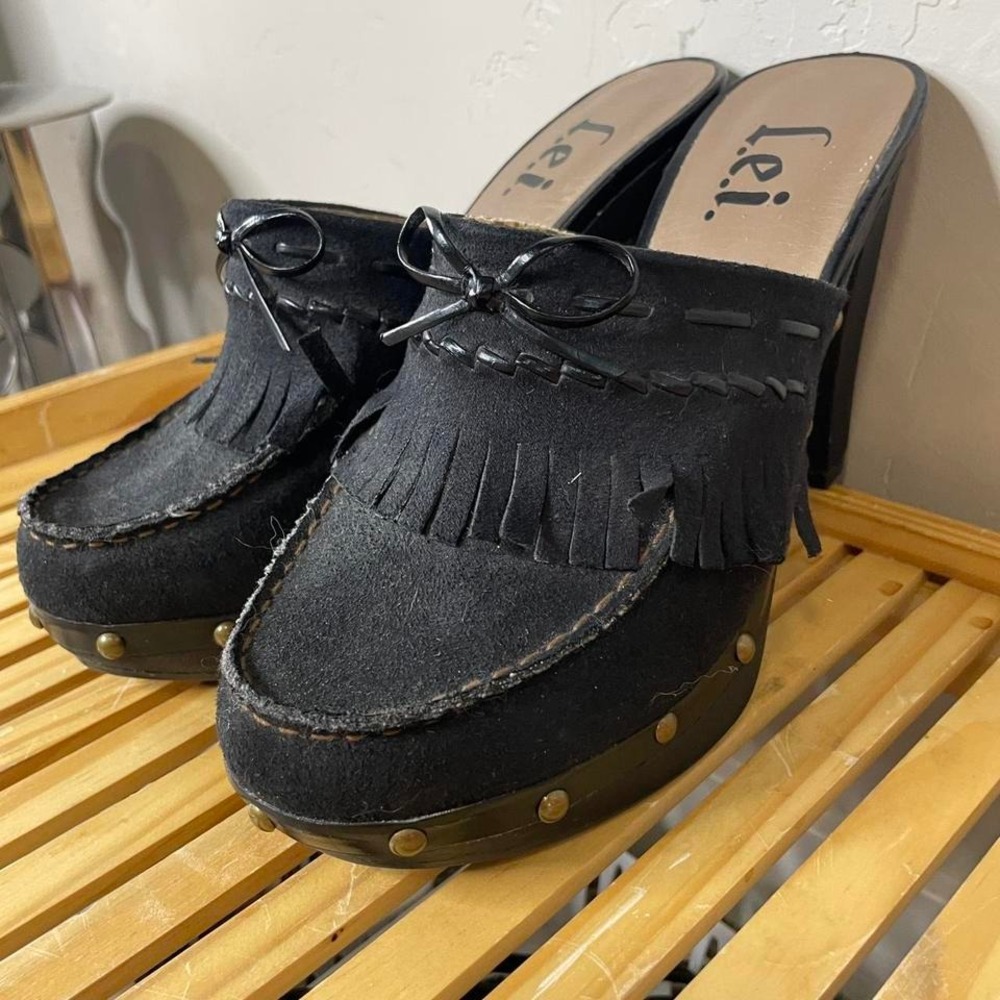 L.E.I 90s Y2K black fringe studded heeled mules SZ 9